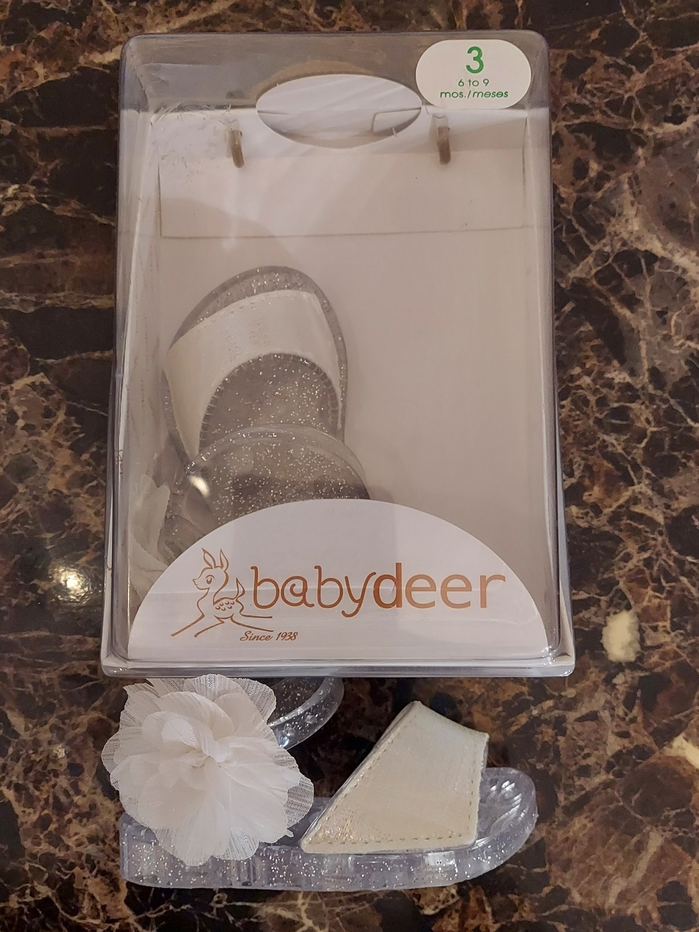 Baby Deer White Glitter Flower Infant Sandals